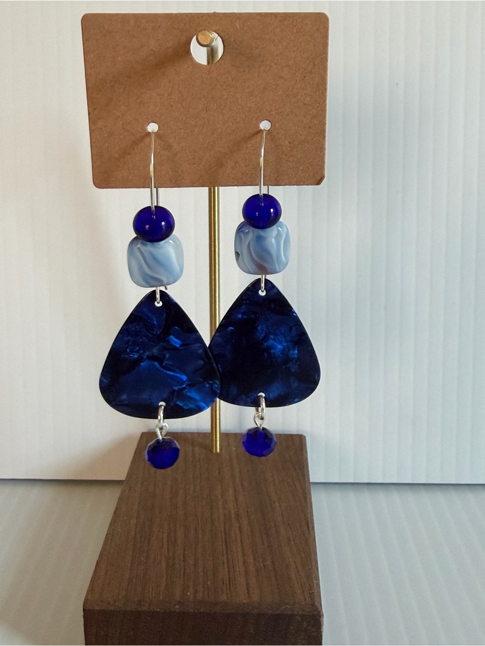 Blue Marbled Guitar Pick Beaded Earrings